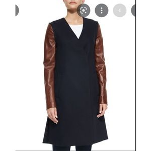 Theory wool  Quennel navy trench with removable brown leather sleeves. Size M